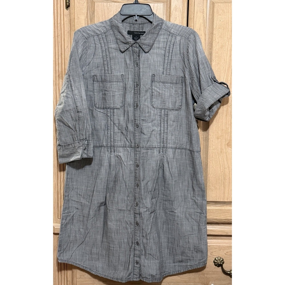 Calvin‎ Klein Button Front Shirt Dress Sz M Heathered Grey Chambray Roll Sleeve